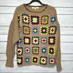 Blue Velvet Crochet Granny Square Boho Knit Sweater Size Small Multicolor